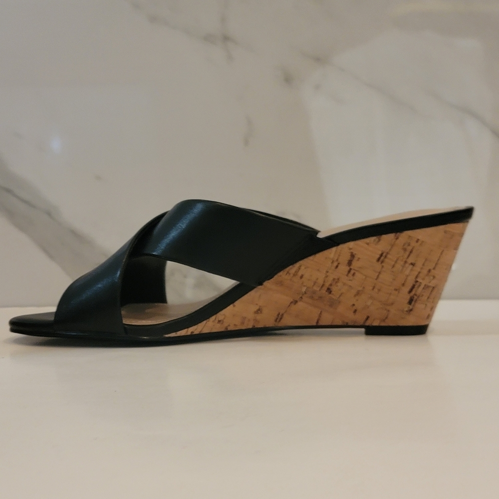 Charles David | Cork Wedge Black leather Cris Cross open toe Slip-on shoes 7.5 - Picture 5 of 12